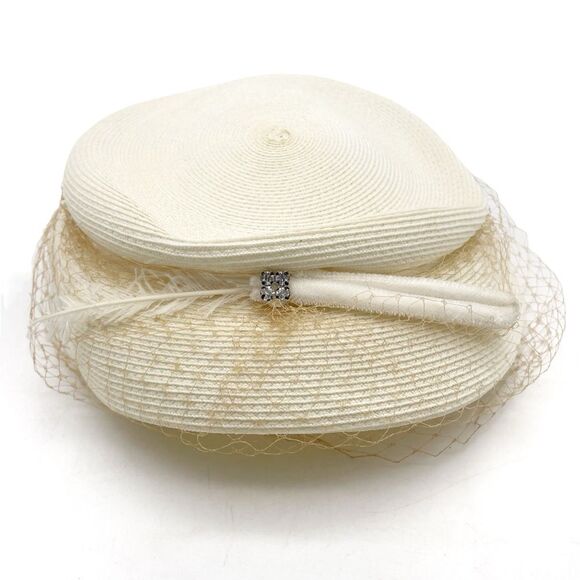 Vintage 1950s Ivory Cream Straw Pillbox Hat Netted Veil Midcentury Fascinator - Picture 8 of 12
